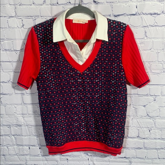 Tory Burch Sweaters - Tory Burch Womens Short Sleeve Sweater Layered Blue Red M Grannycore Old Money